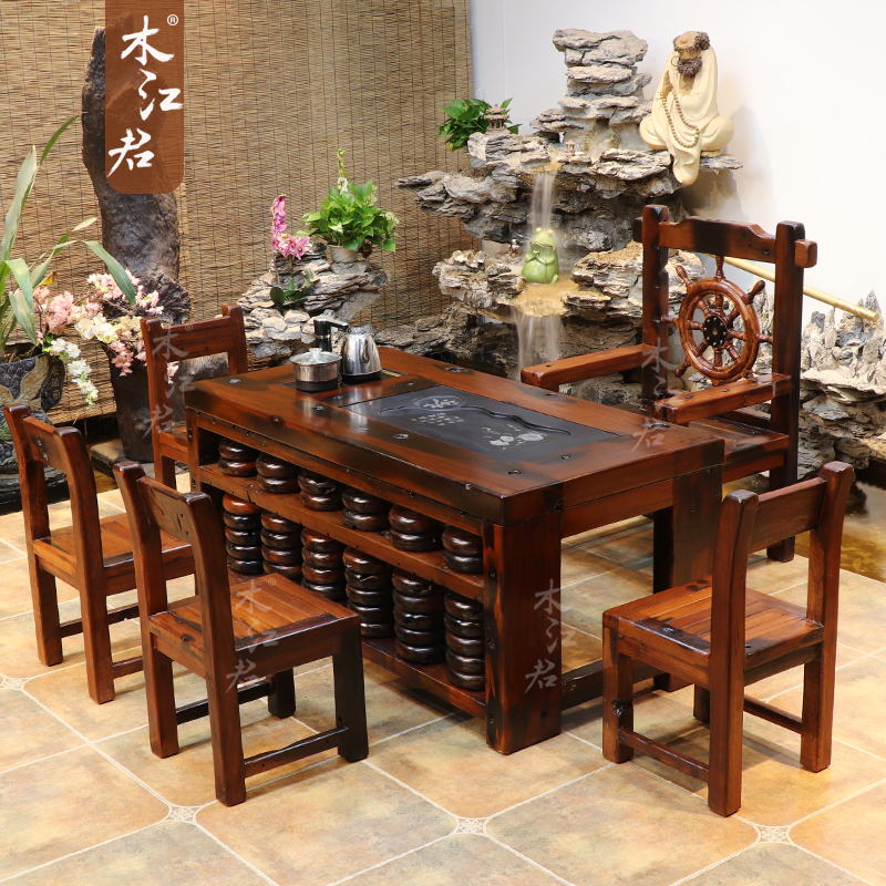 木江君老船木茶桌算盘茶台椅组合客厅中式茶几办公实木功夫茶台