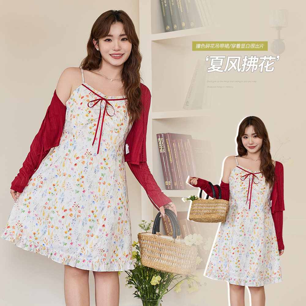 韩系高腰撞色蝴蝶结碎花吊带裙夏季胖mm大码遮肉显瘦连衣裙65321