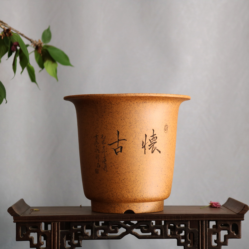 玲珑 紫砂花盆段泥柴烧刻绘怀古圆高金钟国兰宋梅绿云内门竹透气