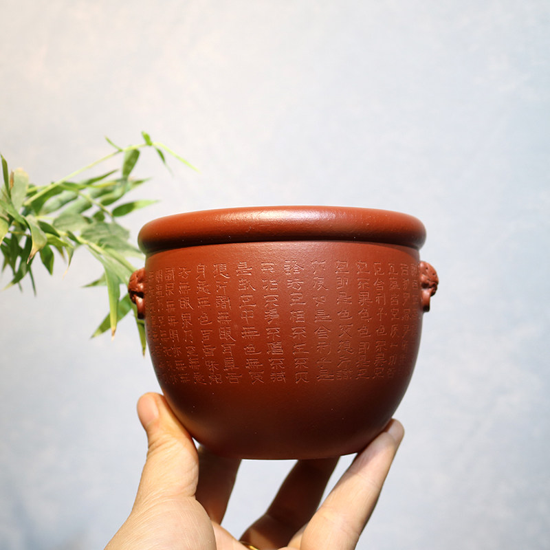 玲珑 案台清贡紫砂纯手工朱泥刻绘泥绘带托带孔无孔微盆花瓶摆件