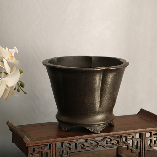 玲珑紫砂手工高梅花型国兰盆云足