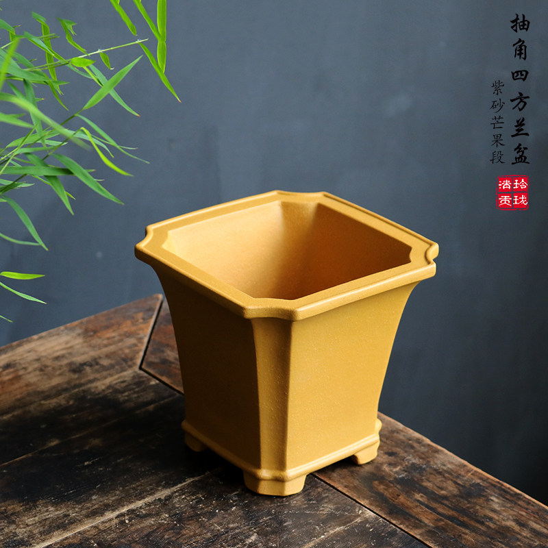 玲珑妙砂国兰盆 飘口四方黄芒果团兰花盆小种绿云翠盖荷蝴蝶寒兰