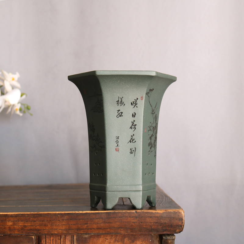 紫砂稀有湖蓝六方刻绘兰花竹子盆