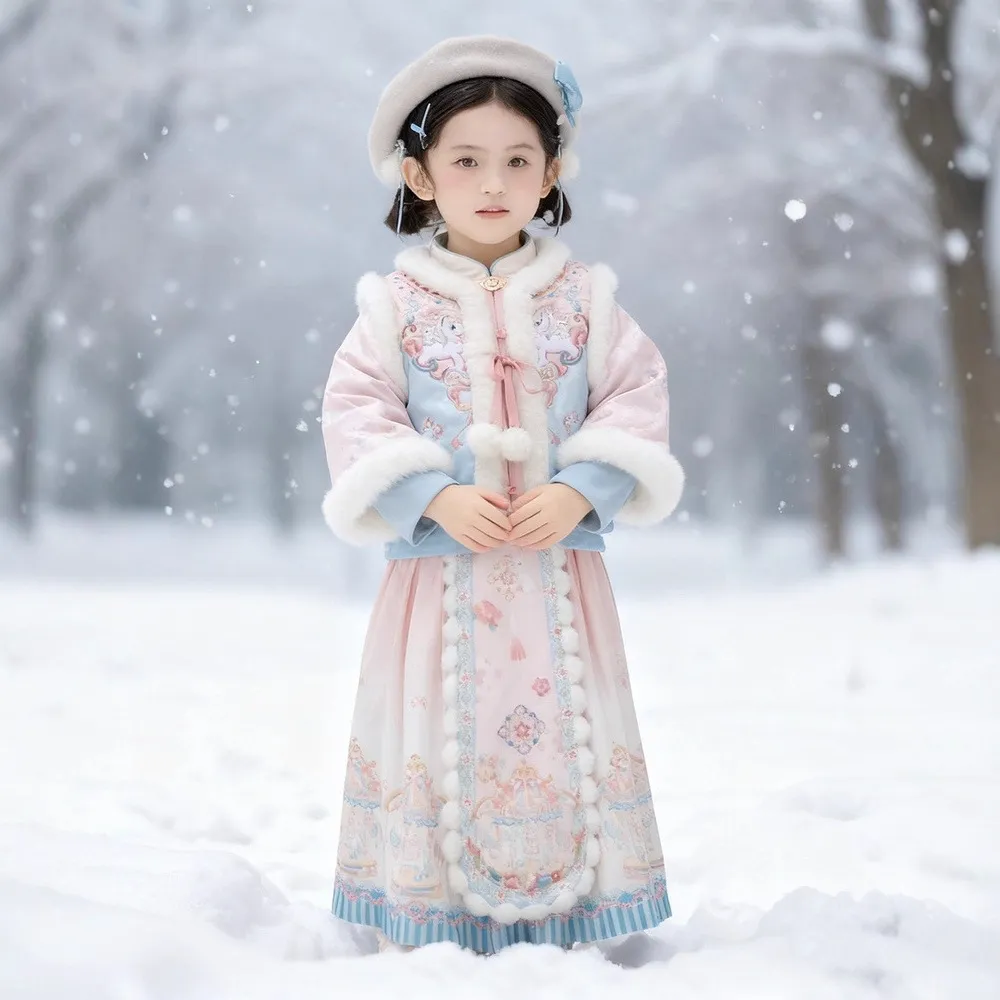 冬季新款加绒女童中式风汉服冬季加厚马面裙两件套儿童古装格格服
