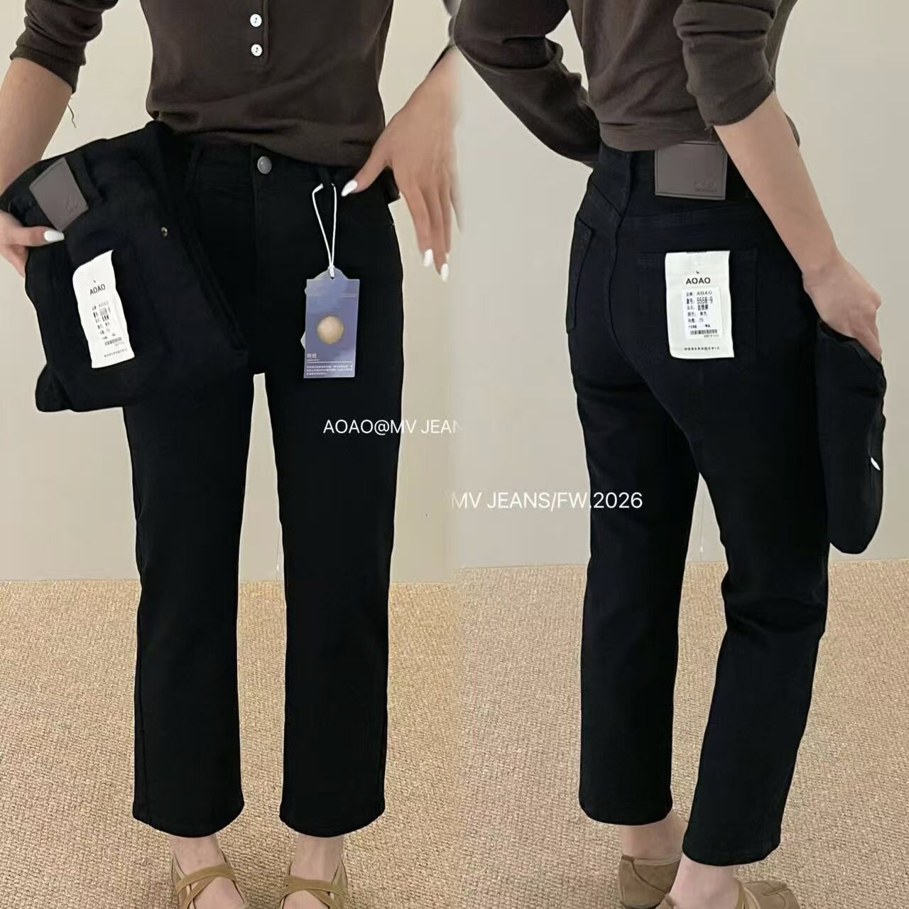 黑色高腰显瘦九分直筒牛仔裤女图片
