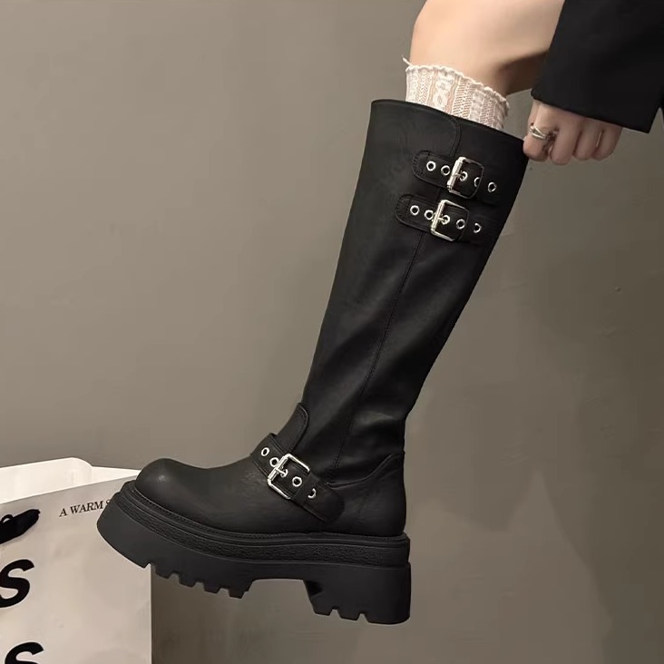 皮带扣秋冬季新款粗跟骑行不过膝