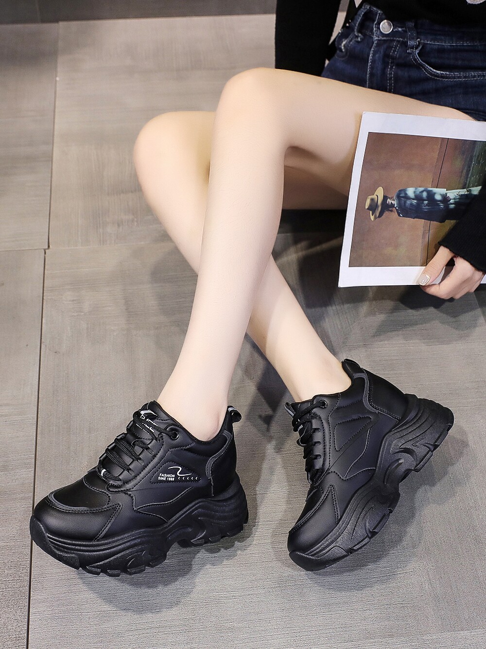 厚底老爹鞋跑步女鞋2023新款秋季休闲韩版皮面增高学生小众小白鞋