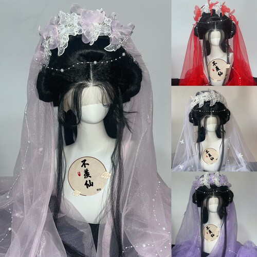 原创蝴蝶绢花头纱发箍汉服配饰新娘Lolita百搭cos花神法式古装仙
