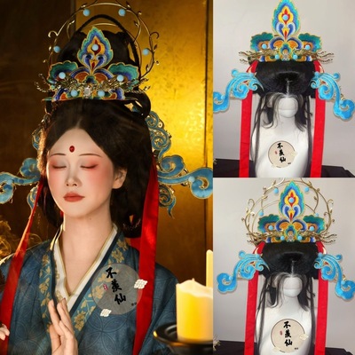 原创神仙服神女套装汉服超大发冠套装刺绣中国风发带发钗大气百搭