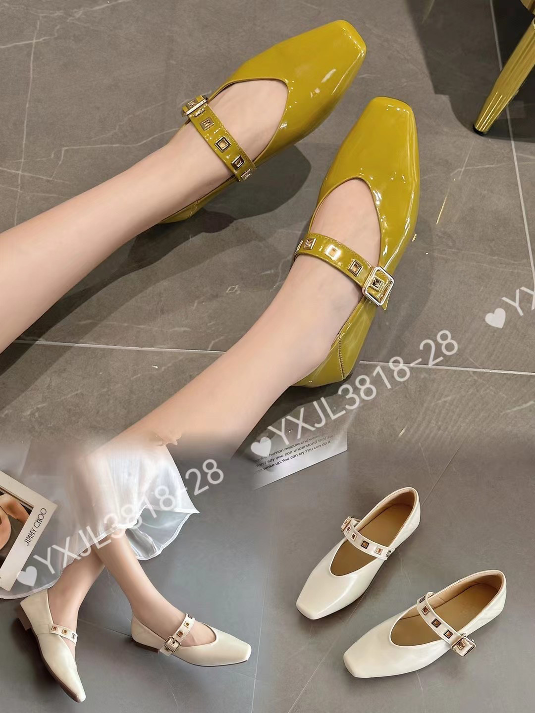 欧洲站2024春款女鞋漆皮白色方头平底一字扣单鞋女真皮百搭时尚款