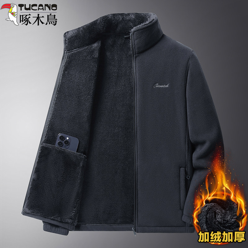 啄木鸟开衫抓绒卫衣男士秋冬季