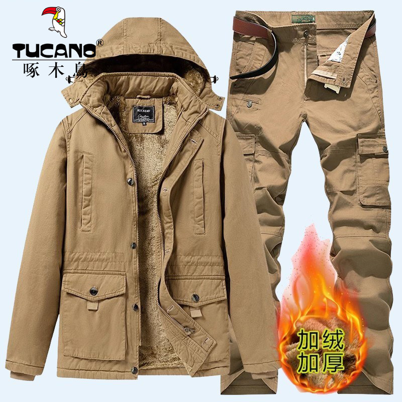 啄木鸟加绒加厚工装套装男士冬季户外机能多口袋保暖工装制服套装