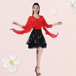 新款广场舞摩登上衣女荷叶中袖吉特巴舞拉丁舞三步踩半身裙演出服