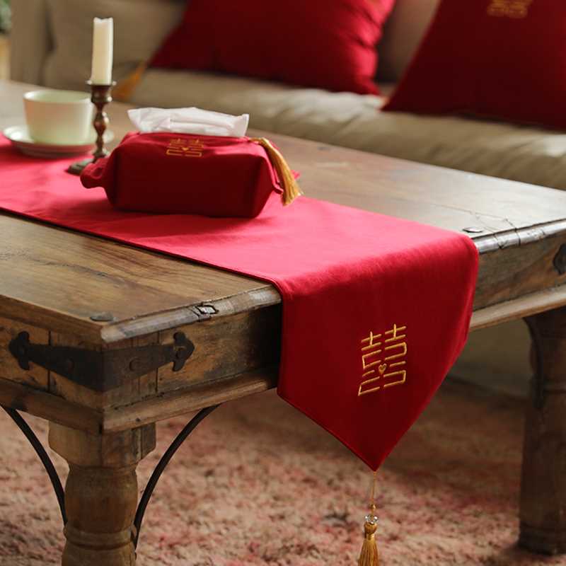 红色喜桌旗结婚中式新中式床旗床尾巾轻奢电视柜茶几桌布刺绣茶席