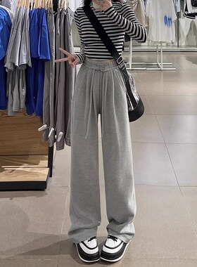 灰色宽松休闲裤女2024新款春季大码显瘦阔腿裤抽绳美式运动卫裤子