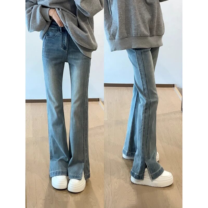 开叉高腰微喇牛仔裤女冬季加绒大码梨型身材显瘦裤子弹力喇叭长裤