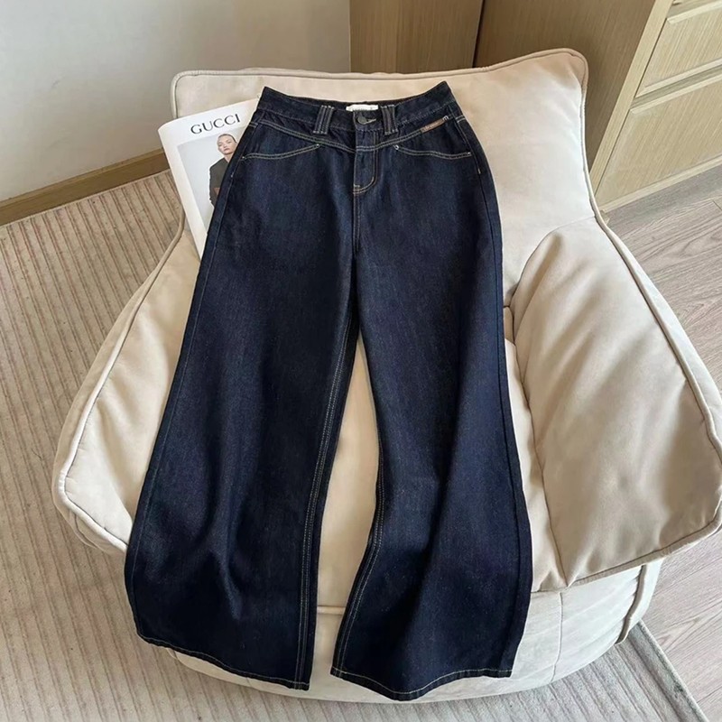 深蓝色韩版大码阔腿牛仔女裤秋冬季新款梨型身材胖mm遮肉显瘦长裤