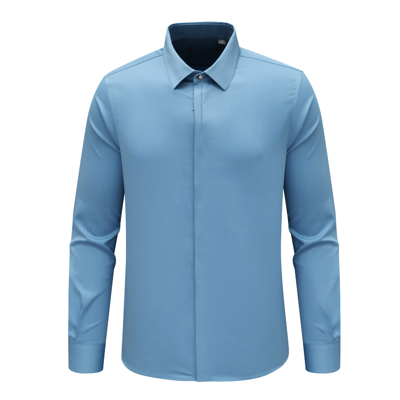 F3902鸟春秋男式长袖衬衫 百搭商务休闲上衣 蓝色