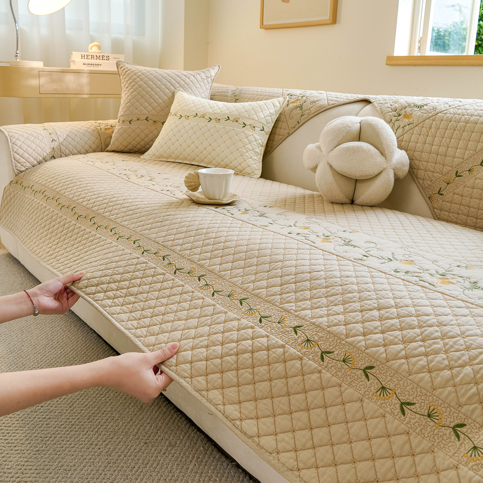 绗缝水洗全棉沙发垫2025秋冬加厚沙发套罩巾四季款防滑沙发坐垫子