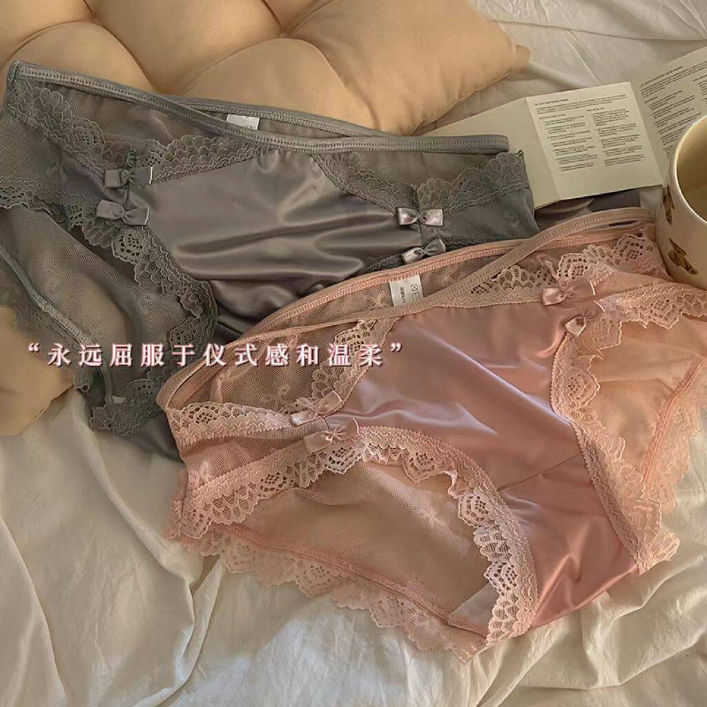 纯欲法式半透明蕾丝边蝴蝶结内裤女高弹舒适性感纯棉裆女士三角裤