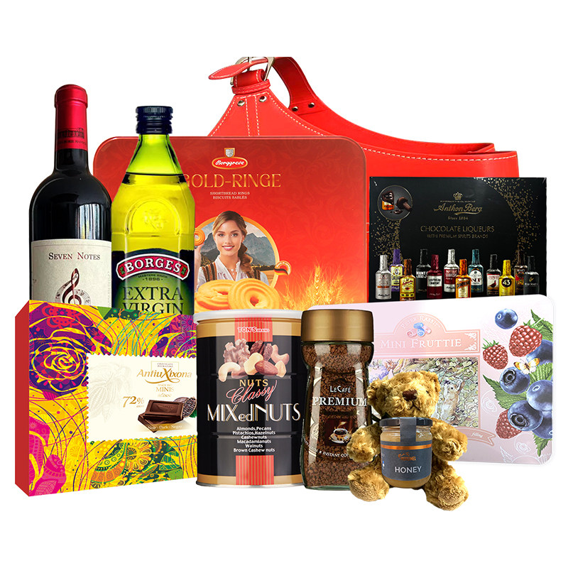 年货节日送礼篮礼盒咖啡红酒橄榄曲奇饼干巧克力新年零食伴手礼包