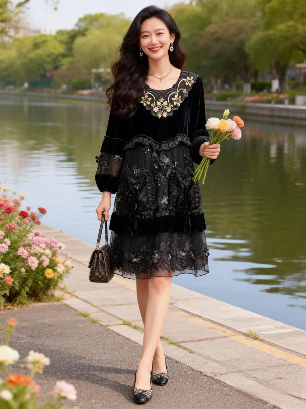 新重工网纱刺绣丝绒宽松韩版A字连衣裙女中年显贵减龄中长款遮肉,女装/女士精品,连衣裙,淘宝优惠券,粉丝福利购,淘宝优惠卷