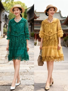 新款重工网纱刺绣花朵宽松韩版连衣裙女秋显贵减龄红色中长款洋气