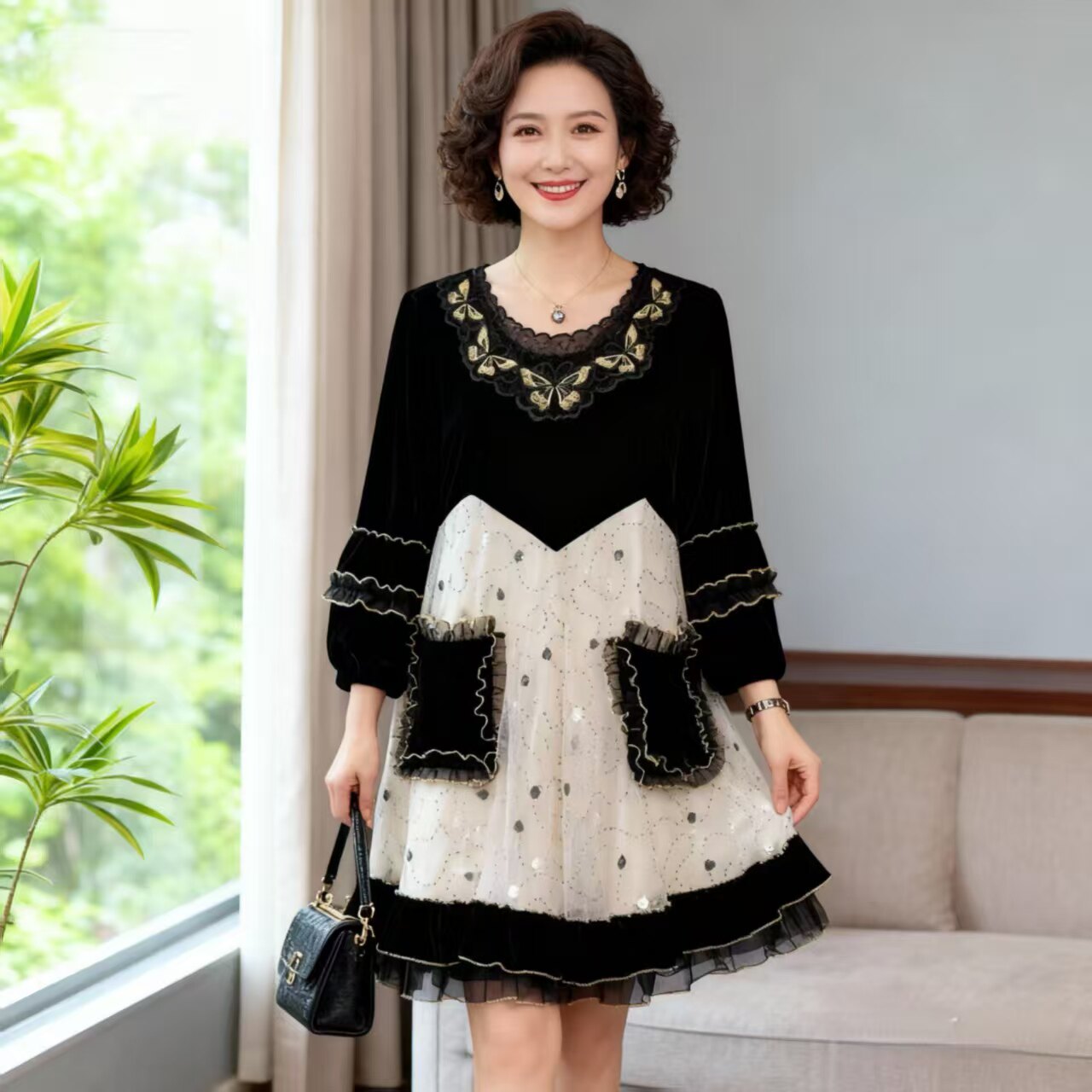 新重工网纱刺绣丝绒宽松韩版A字连衣裙女中年显贵减龄中长款遮肉