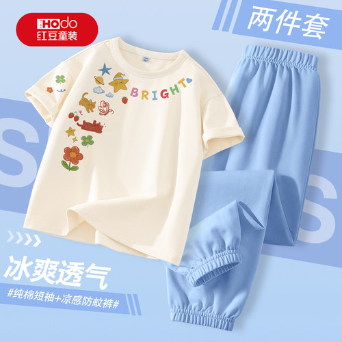 红豆夏季女童套装薄款纯棉短袖