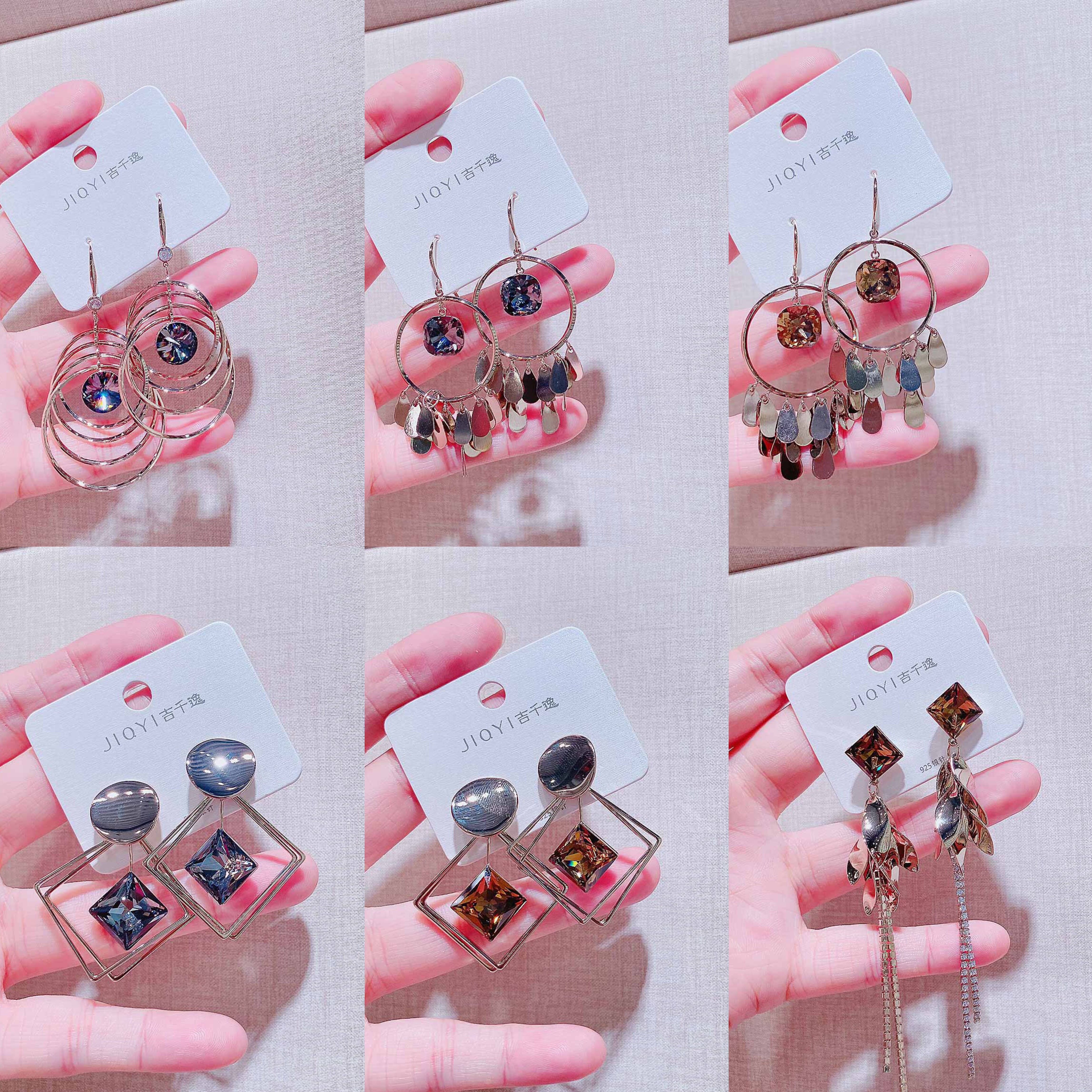 吉千逸饰品新款复古咖锆灰锆几何圆环方块耳环时尚个性设计感耳钉