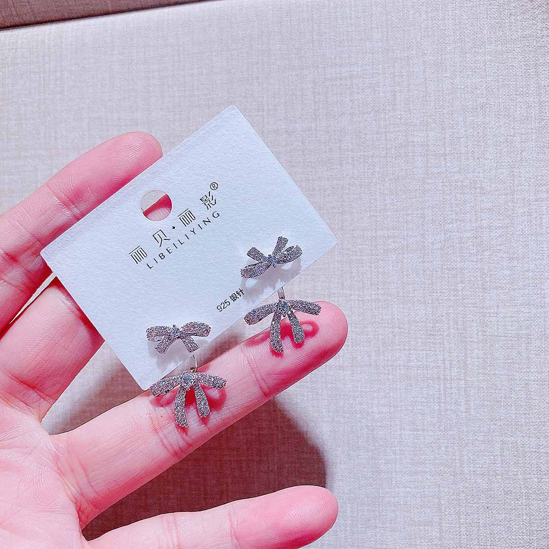 丽银饰品轻奢满钻后挂式蝴蝶结耳环银针时尚精致甜美一款两戴耳钉