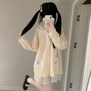 薄款海军领假两件亚比文化长袖卫衣外套女学生可爱春秋开衫上衣女