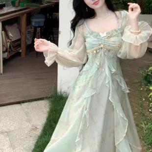 法式茶歇纯欲风公主长裙纯欲仙气灰晕染荷叶边朦胧美感连衣裙女潮