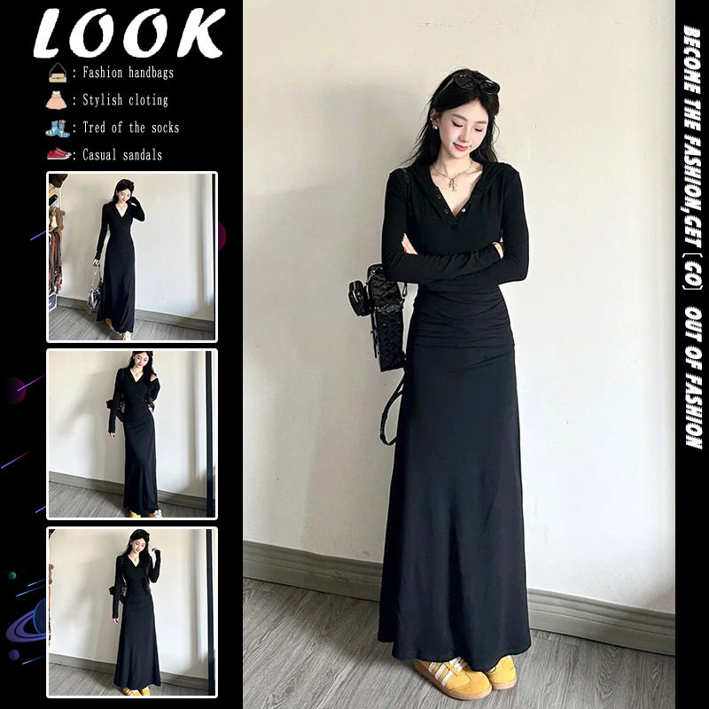 小个子穿搭V领黑色长袖连衣裙女秋冬温柔风连帽收腰显瘦打底长裙,女装/女士精品,连衣裙,淘宝优惠券,粉丝福利购,淘宝优惠卷