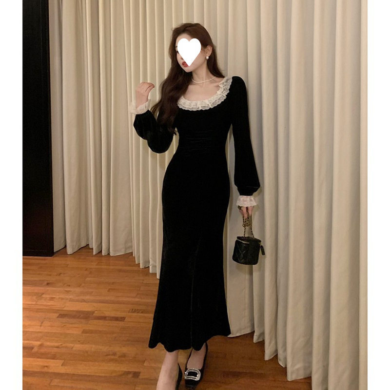 法式蕾丝黑色丝绒连衣裙女秋冬季赫本风小黑裙修身包臀鱼尾长裙子