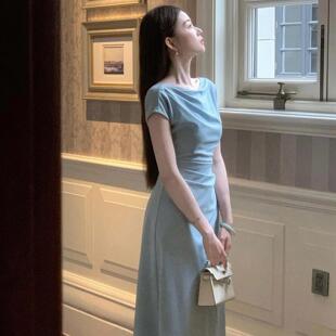 大码女装法式气质斜肩短袖连衣裙女夏季新款抽褶收腰显瘦A字长裙