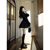 黑色赫本小香风感气质收腰西装 连衣裙小个子公主蓬蓬裙