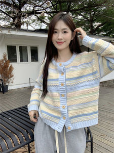 甜美撞色条纹外搭百搭针织毛衣女2023秋冬新款薄款开衫外套上衣