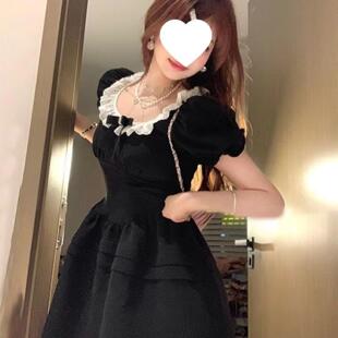 【结+拉链+肩垫】法式小黑裙女夏季方领结泡泡袖连衣裙短