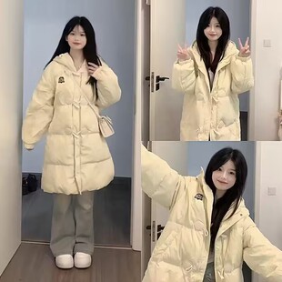 牛角扣羽绒棉服中长款棉服新款冬季保暖加厚棉袄棉衣连帽外套