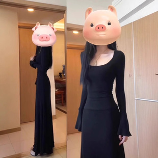 早春新款韩系感黑色长袖连衣裙子初秋女装御姐风修身长裙