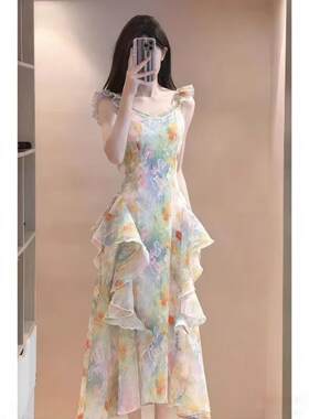 森系法式油画碎花连衣裙夏季新款