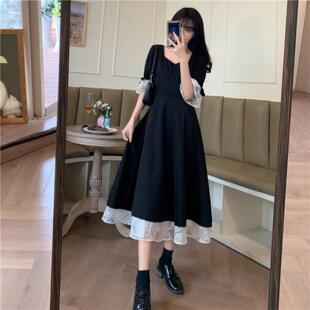 大码女装短袖裙新款胖mm复古法式赫本风黑色连衣裙女桔梗长裙
