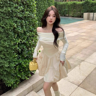 纯欲辣妹一字肩长袖连衣裙女年秋季气质蓬蓬裙收腰小个子短裙