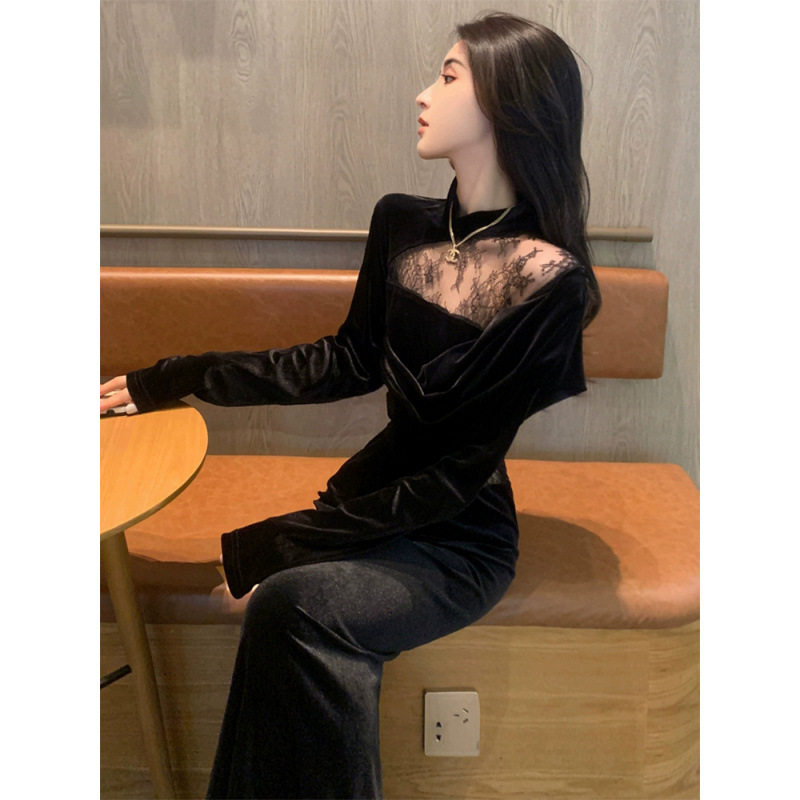 秋冬生日礼服裙宴会女气质蕾丝长裙富家千金感穿搭黑色丝绒连衣裙