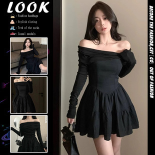 纯欲辣妹一字肩长袖连衣裙女春季设计感气质蓬蓬裙收腰小个子短裙