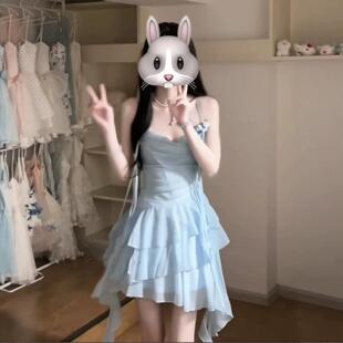 法式设计感荷叶边蓝色连衣裙女夏温柔风绝美海边度假风荡领吊带裙