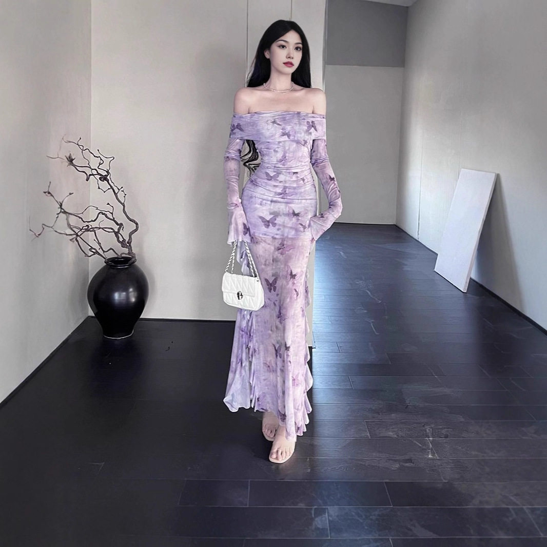 新中式一字肩网纱长袖连衣裙女夏季性感修身包臀鱼尾礼服旗袍长裙,女装/女士精品,旗袍,淘宝优惠券,粉丝福利购,淘宝优惠卷