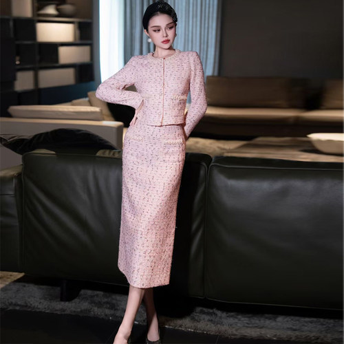 小香风粗花呢外套两件半裙套装女