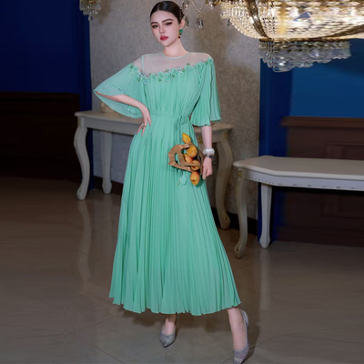 优雅高端雪纺百褶长裙气质连衣裙